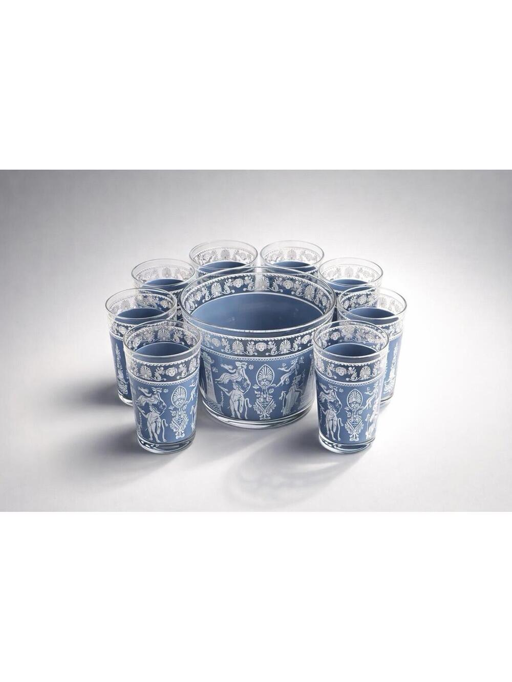 Vintage Blue and White Greek Mythology Glass Drinkware Set with Ice Bucket